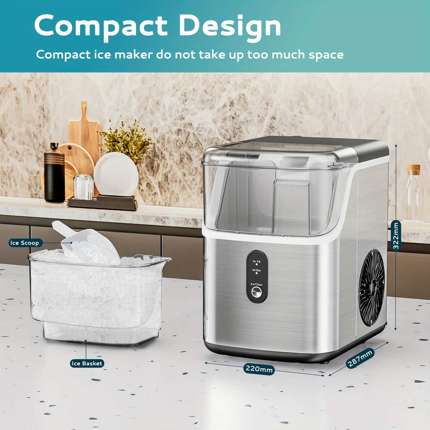 Self Cleaning Nugget Ice Maker Machine Portable Countertop Crushed Ice 34lbs OEM Logo Custom One Button Operation for RV Use
